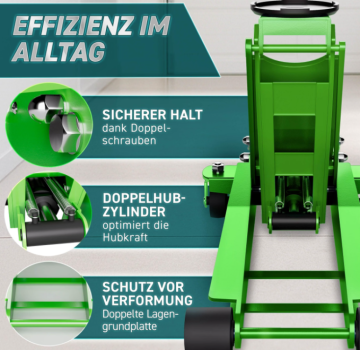 Wagenheber hydraulisch, 3 t. flach 75 - 510mm Hubhöhe mit Doppelkolben; grün